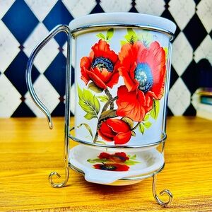 European Country 3-Piece: Utensil Holder with Metal Rack and Drip Saucer Floral